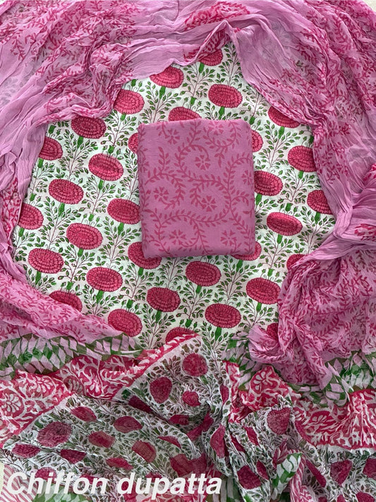 New Premium Hand Block Print Cotton Suit Set with Chiffon Dupatta(WACFCOTMU19)