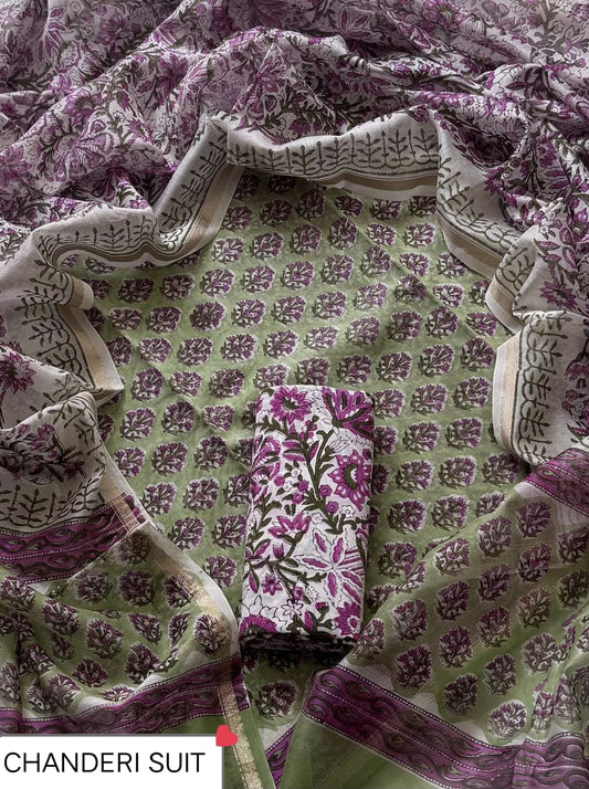EXCLUSIVE COLLECTION : HAND BLOCK PRINT CHANDERI SILK SUIT SET 23