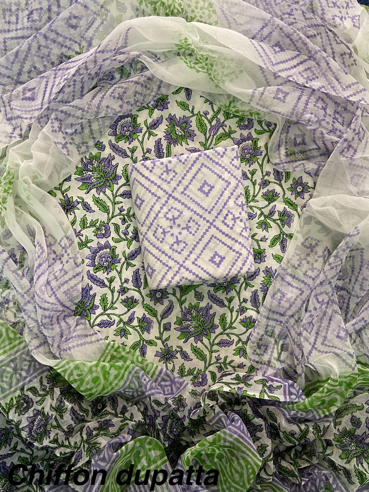 JAAL HAND BLOCK PRINT COTTON SUIT SET WITH CHIFFON DUPATTA(WACFCOTMU07)