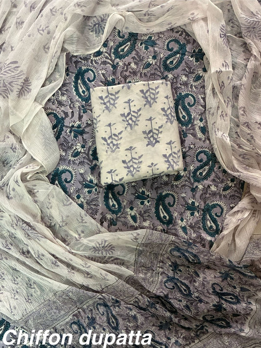 JAAL HAND BLOCK PRINT COTTON SUIT SET WITH CHIFFON DUPATTA(WACFCOTMU38)