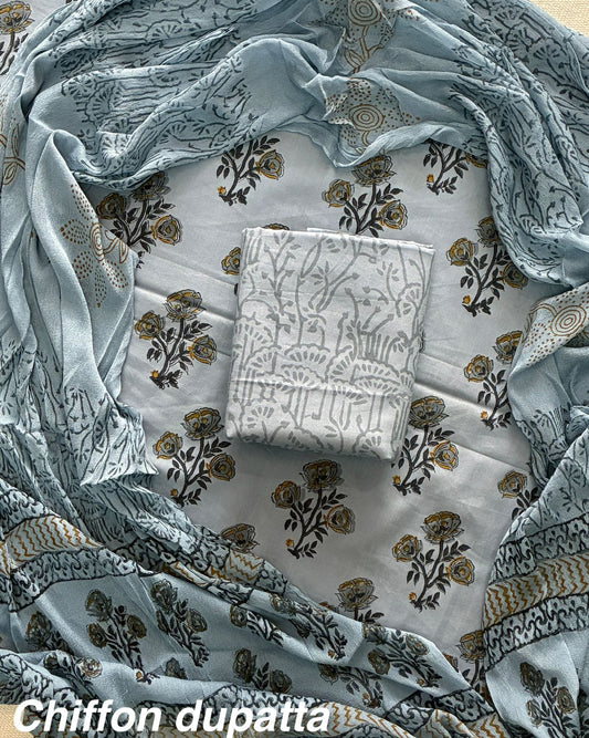 New Premium Hand Block Print Cotton Suit Set with Chiffon Dupatta(WACFCOTMU14)