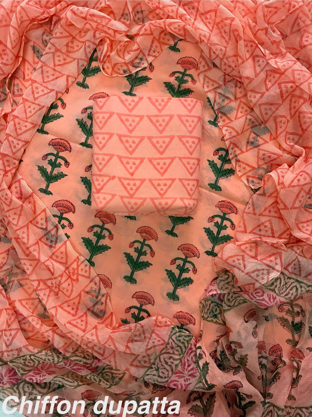 New Premium Hand Block Print Cotton Suit Set with Chiffon Dupatta(WACFCOTMU19)