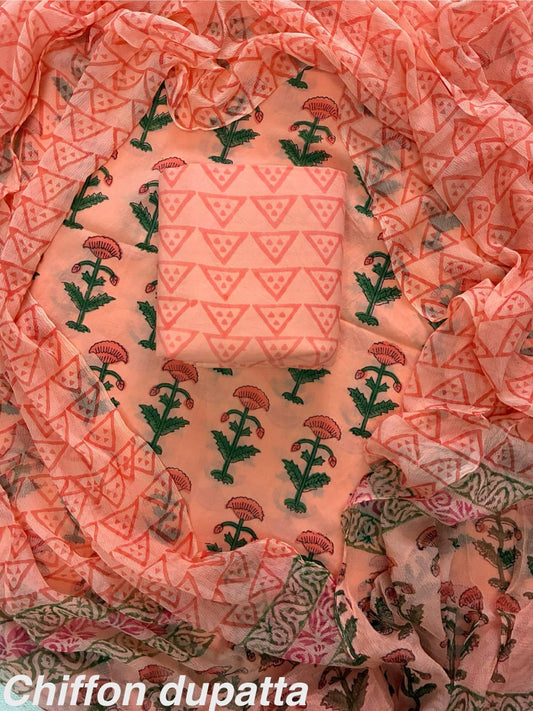 New Premium Hand Block Print Cotton Suit Set with Chiffon Dupatta(WACFCOTMU19)