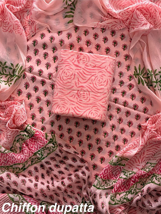 New Premium Hand Block Print Cotton Suit Set with Chiffon Dupatta(WACFCOTMU21)