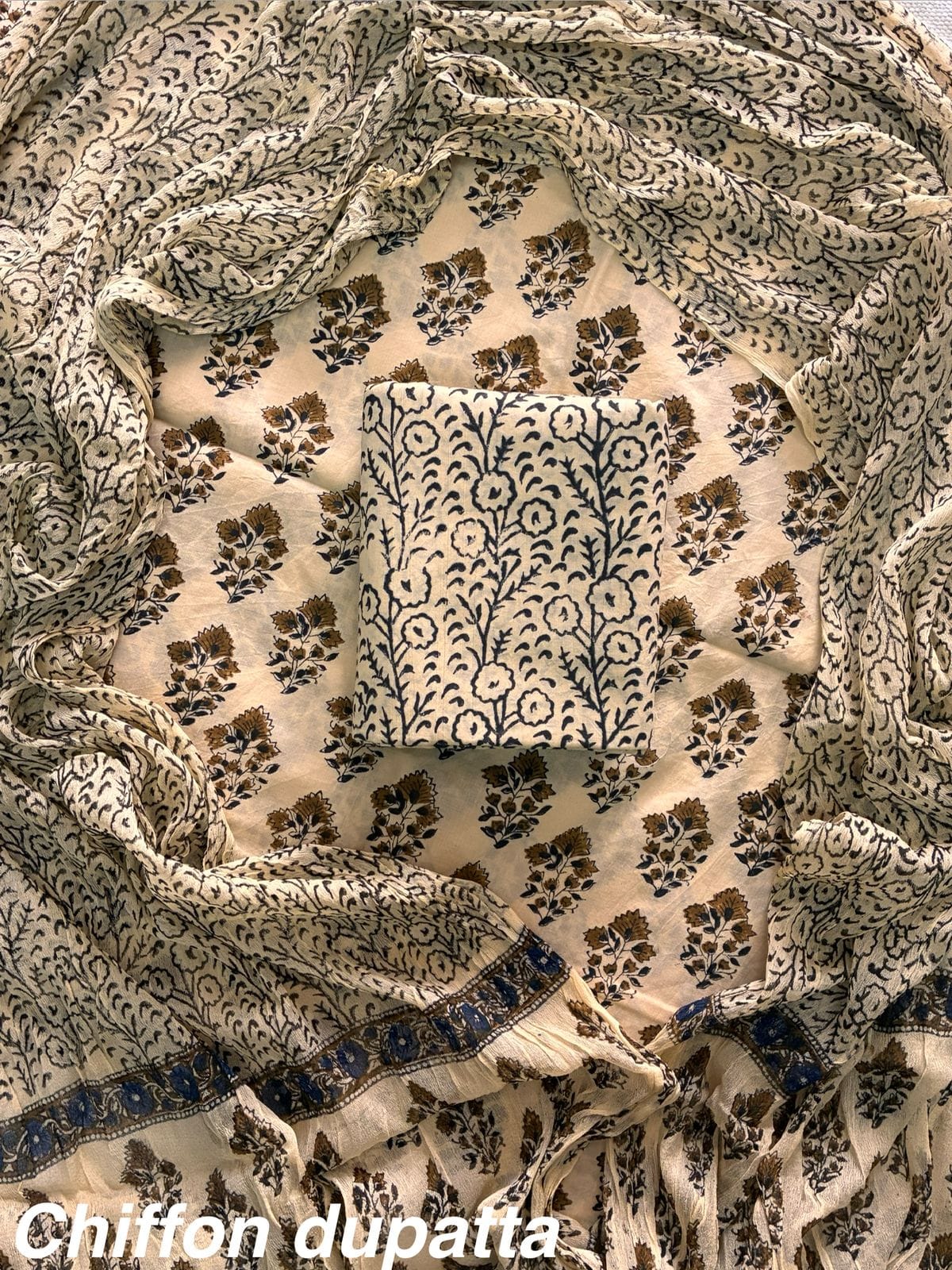 New Premium Hand Block Print Cotton Suit Set with Chiffon Dupatta(WACFCOTMU10)