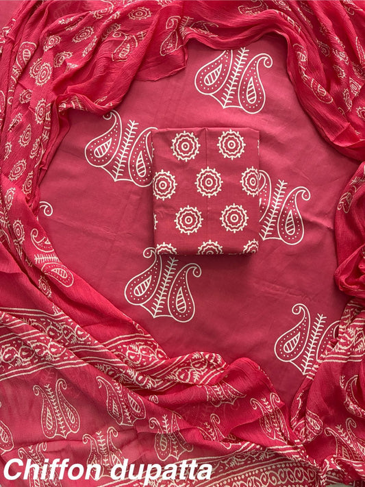 Exclusive Hand Block Print Cotton Suit Set with Chiffon Dupatta(WACFCOTMU29)