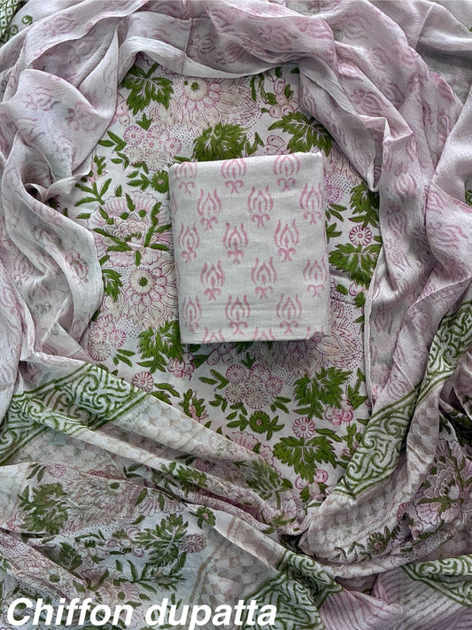 New Premium Hand Block Print Cotton Suit Set with Chiffon Dupatta(WACFCOTMU26)