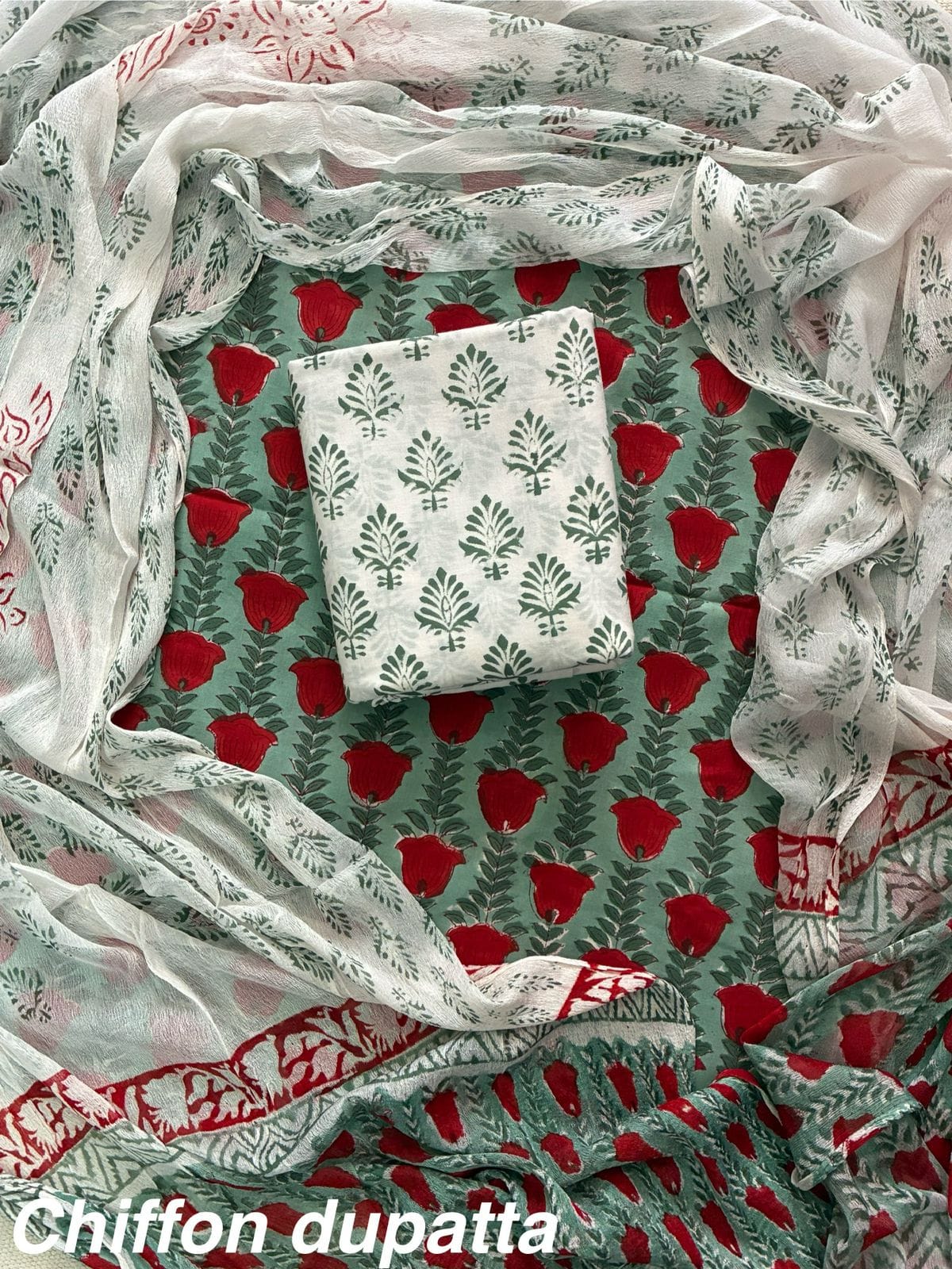 Premium Hand Block Print Cotton Suit Set with Chiffon Dupatta(WACFCOTMU17)