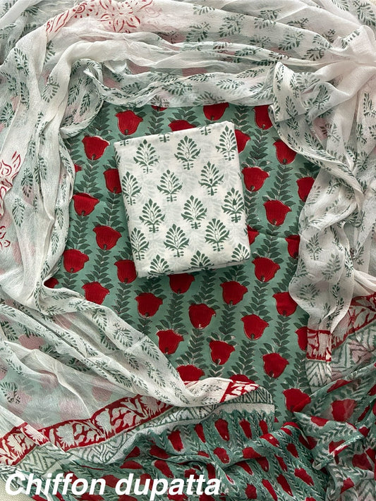 Premium Hand Block Print Cotton Suit Set with Chiffon Dupatta(WACFCOTMU17)