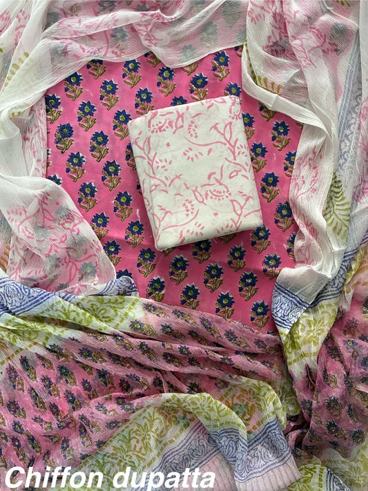 DESIGNER HAND BLOCK PRINT COTTON SUITSET WITH CHIFFON DUPATTA(WACFCOTMU24)