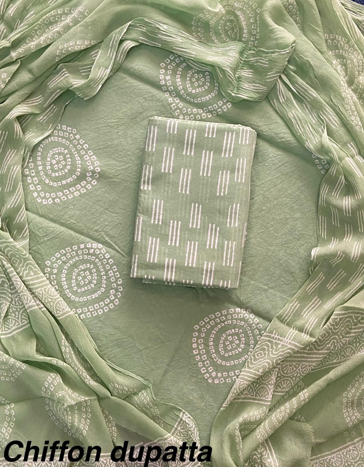 ELEGANT HAND BLOCK PRINT COTTON SUIT SET WITH CHIFFON DUPATTA(WACFCOTMU16)