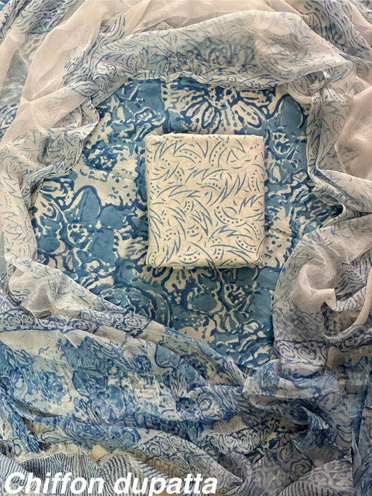 JAAL HAND BLOCK PRINT COTTON SUIT SET WITH CHIFFON DUPATTA(WACFCOTMU35)