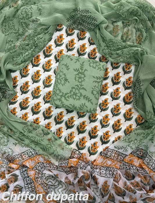 JAAL HAND BLOCK PRINT COTTON SUIT SET WITH CHIFFON DUPATTA(WACFCOTMU36)