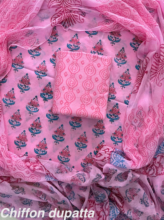 JAAL HAND BLOCK PRINT COTTON SUIT SET WITH CHIFFON DUPATTA(WACFCOTMU01)