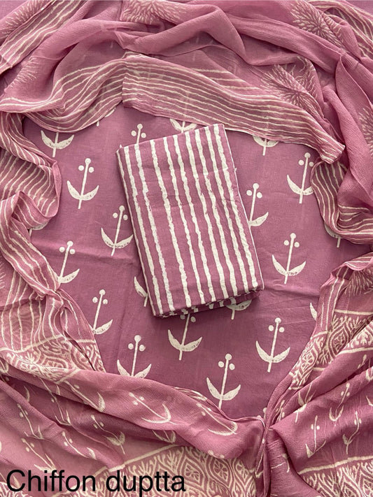 JAAL HAND BLOCK PRINT COTTON SUIT SET WITH CHIFFON DUPATTA(WACFCOTMU03)