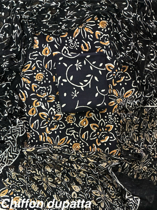 Hand Block Print Cotton Suit Set with Chiffon Dupatta(WACFCOTMU30)