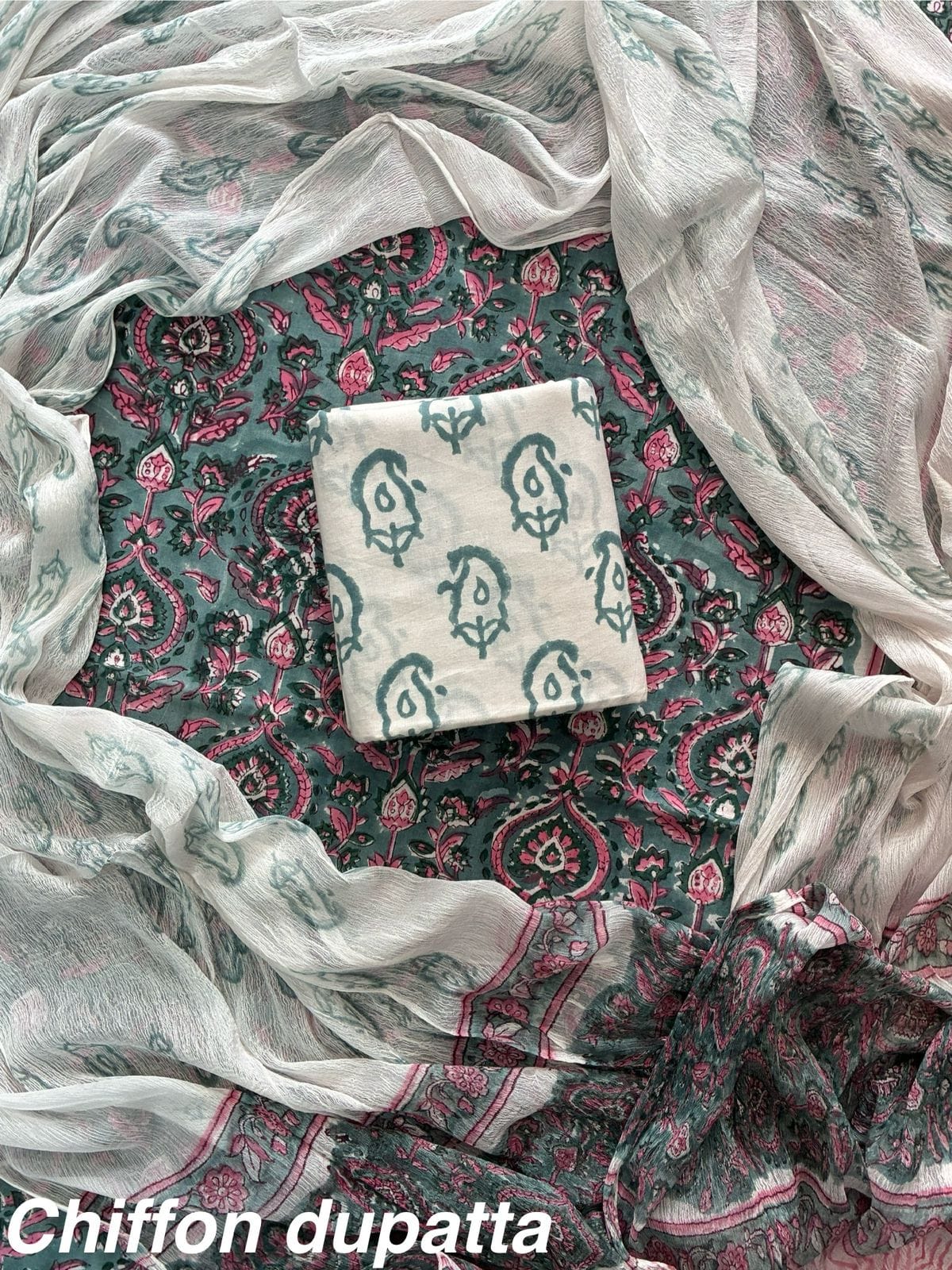 JAAL HAND BLOCK PRINT COTTON SUIT SET WITH CHIFFON DUPATTA(WACFCOTMU139)