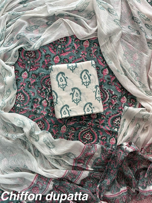 JAAL HAND BLOCK PRINT COTTON SUIT SET WITH CHIFFON DUPATTA(WACFCOTMU139)