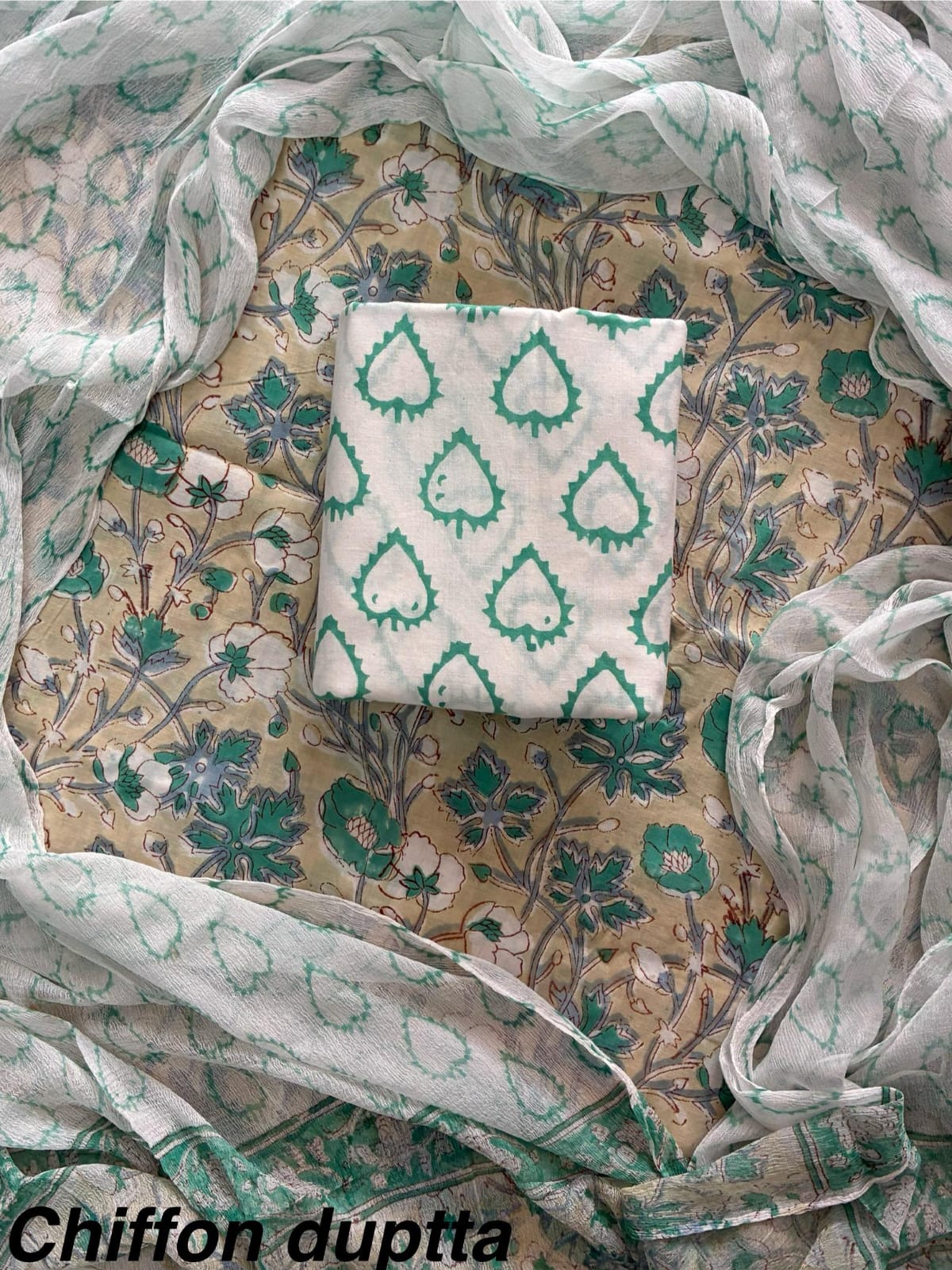 JAAL HAND BLOCK PRINT COTTON SUIT SET WITH CHIFFON DUPATTA(WACFCOTMU135)