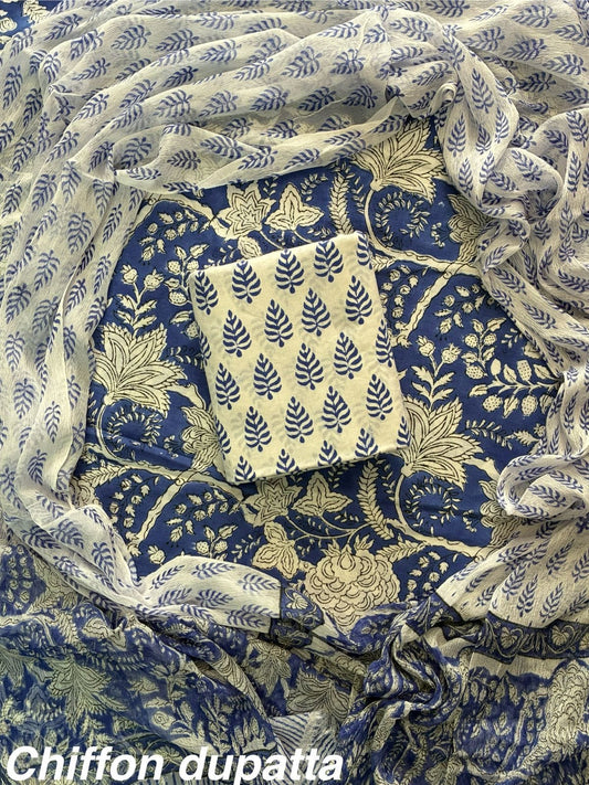 JAAL HAND BLOCK PRINT COTTON SUIT SET WITH CHIFFON DUPATTA(WACFCOTMU130)