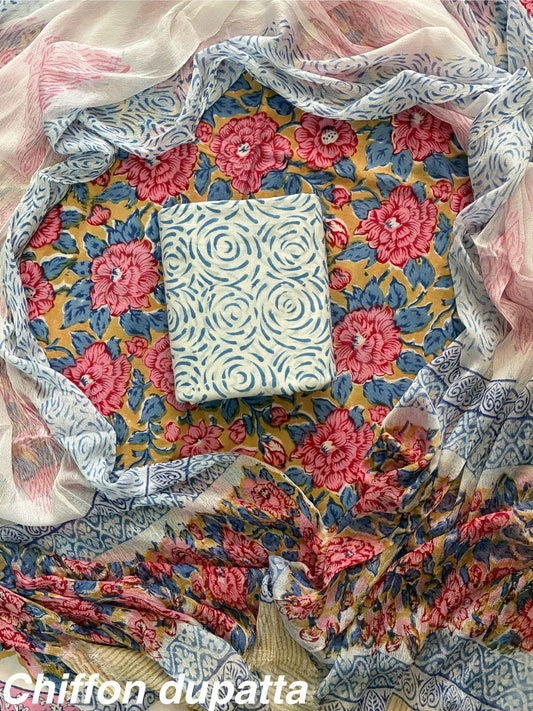 JAAL HAND BLOCK PRINT COTTON SUIT SET WITH CHIFFON DUPATTA(WACFCOTMU122)