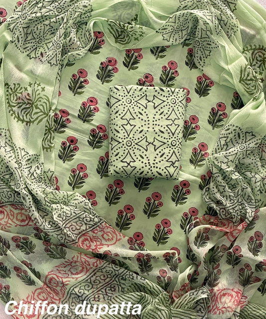 JAAL HAND BLOCK PRINT COTTON SUIT SET WITH CHIFFON DUPATTA(WACFCOTMU117)