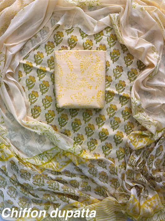 JAAL HAND BLOCK PRINT COTTON SUIT SET WITH CHIFFON DUPATTA(WACFCOTMU114)