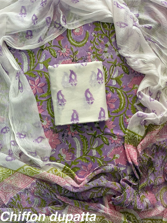 JAAL HAND BLOCK PRINT COTTON SUIT SET WITH CHIFFON DUPATTA(WACFCOTMU115)