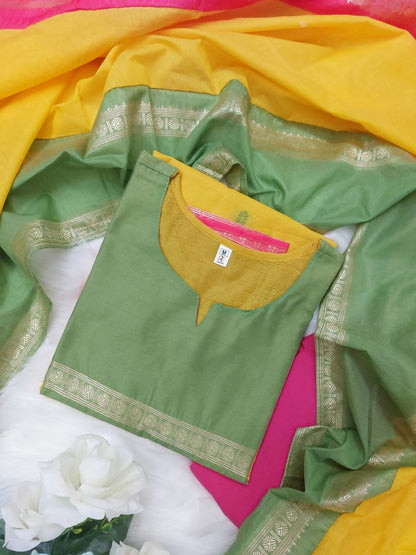 Crafted from pure Kanchi cotton, this elegant yellow ensemble is designed with love and rooted in South Indian cultural artistry. (RRRD11)