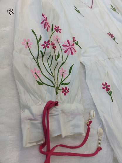 Elegant Design Premium Roman Silk Anrakali Suit set With Nazmin Dupatta And Dori and Kodi on sleeve for adjustment Embroidery work on all Over kurti and Sleeve. (RRRD12)