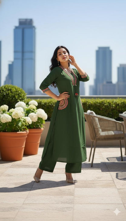 🌹🌹 fine Cotton flex fabric beautiful embroidery on neck, sleeves, pocket Kurti with plazo with cotton cotton flex🌹🌹 (SWSK03)