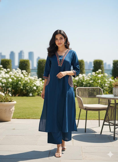 🌹🌹 fine Cotton flex fabric beautiful embroidery on neck, sleeves, pocket Kurti with plazo with cotton cotton flex🌹🌹 (SWSK03)