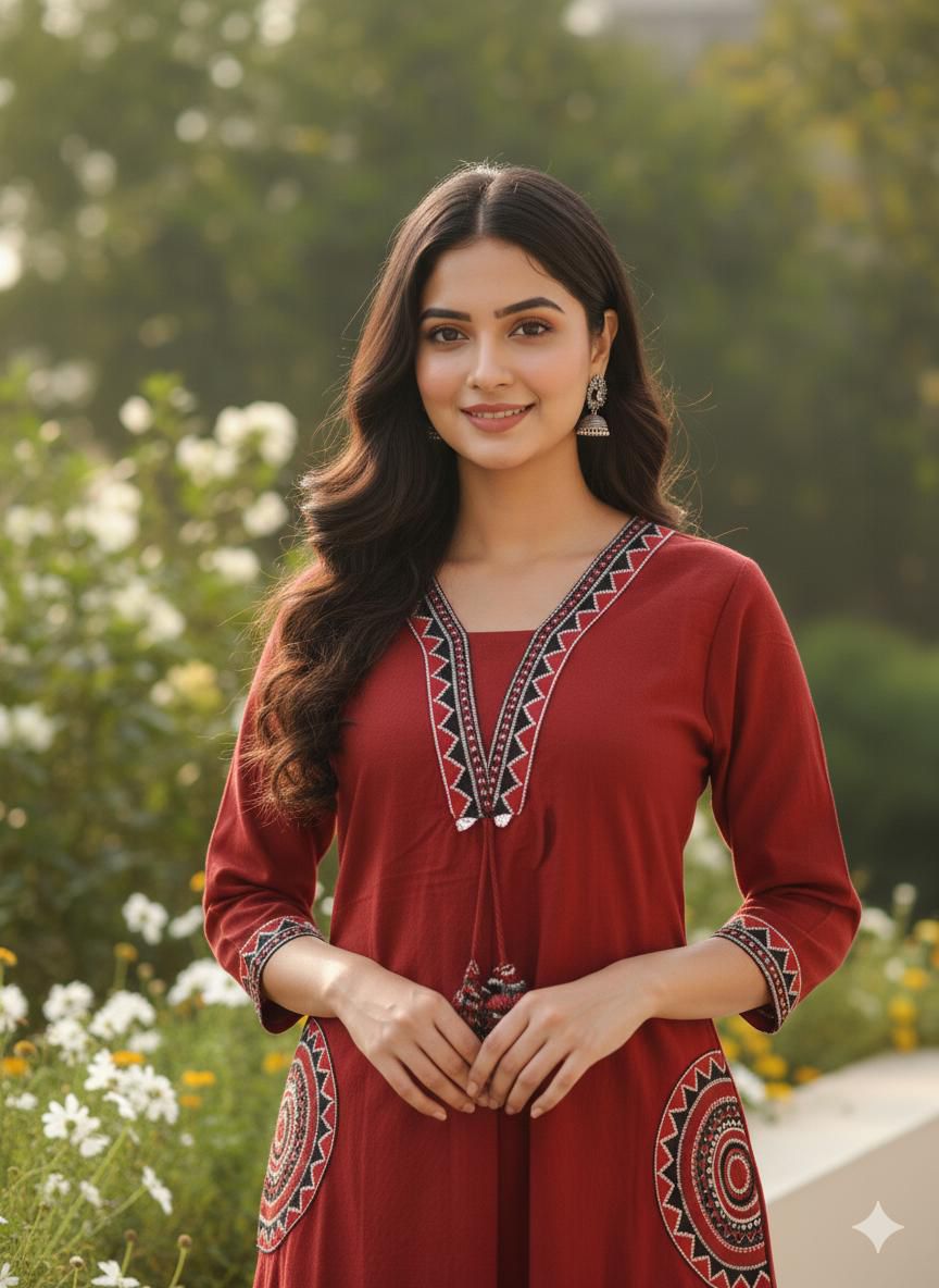🌹🌹 fine Cotton flex fabric beautiful embroidery on neck, sleeves, pocket Kurti with plazo with cotton cotton flex🌹🌹 (SWSK03)