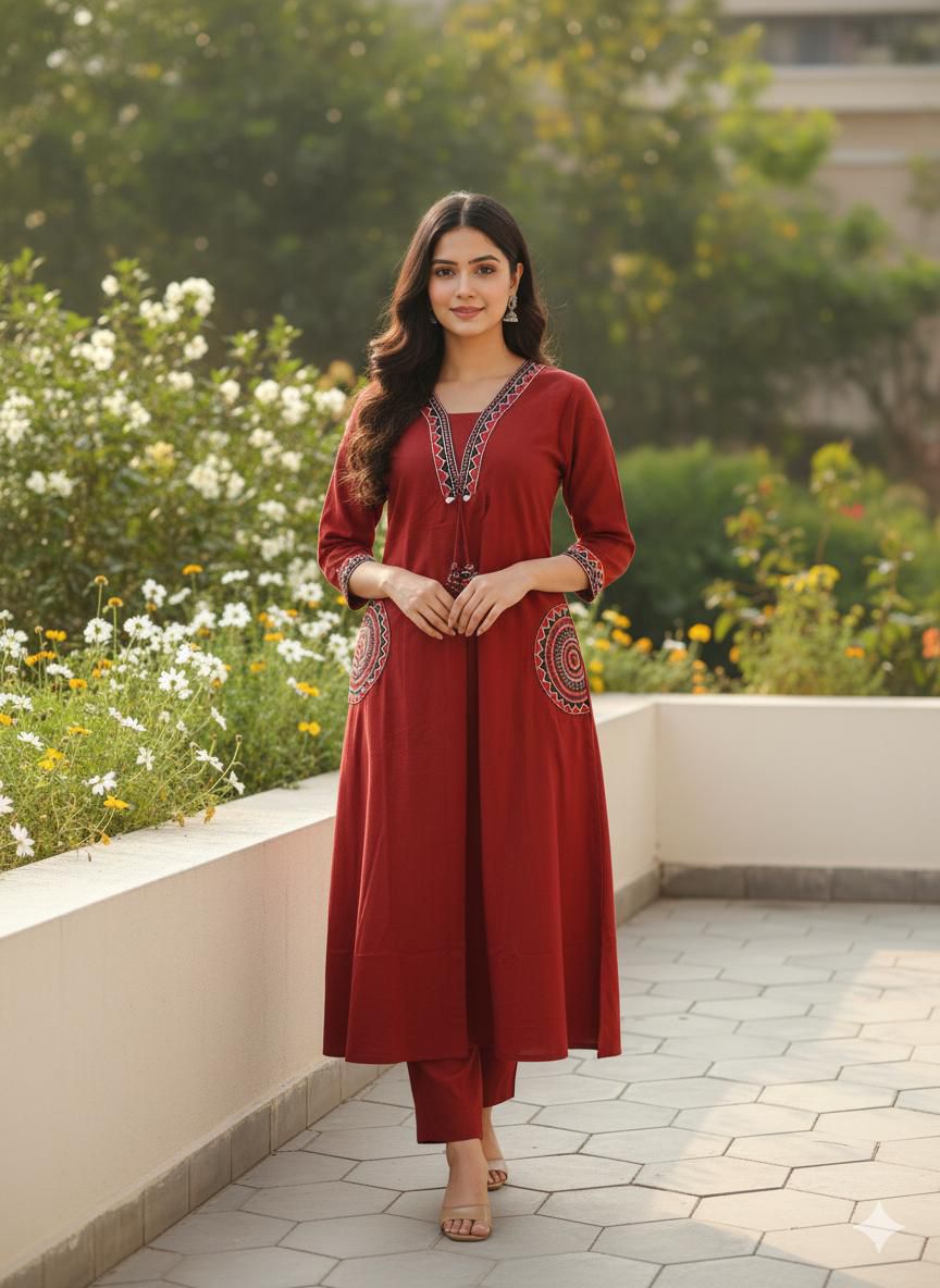 🌹🌹 fine Cotton flex fabric beautiful embroidery on neck, sleeves, pocket Kurti with plazo with cotton cotton flex🌹🌹 (SWSK03)