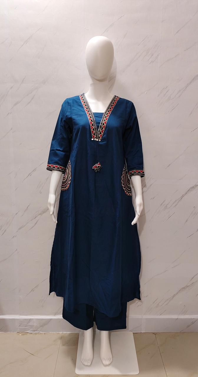 🌹🌹 fine Cotton flex fabric beautiful embroidery on neck, sleeves, pocket Kurti with plazo with cotton cotton flex🌹🌹 (SWSK03)