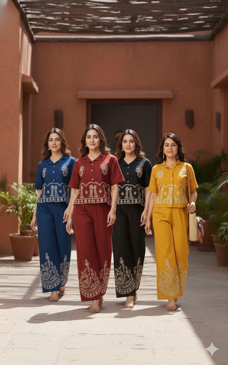 Designer Cotton Co-ord Set Shirt With Elegant Thread Embroidery Paired Flared Plazoo With Embroidery & Pockets (SWSK17)