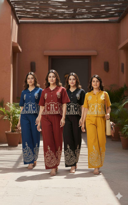 Designer Cotton Co-ord Set Shirt With Elegant Thread Embroidery Paired Flared Plazoo With Embroidery & Pockets (SWSK17)