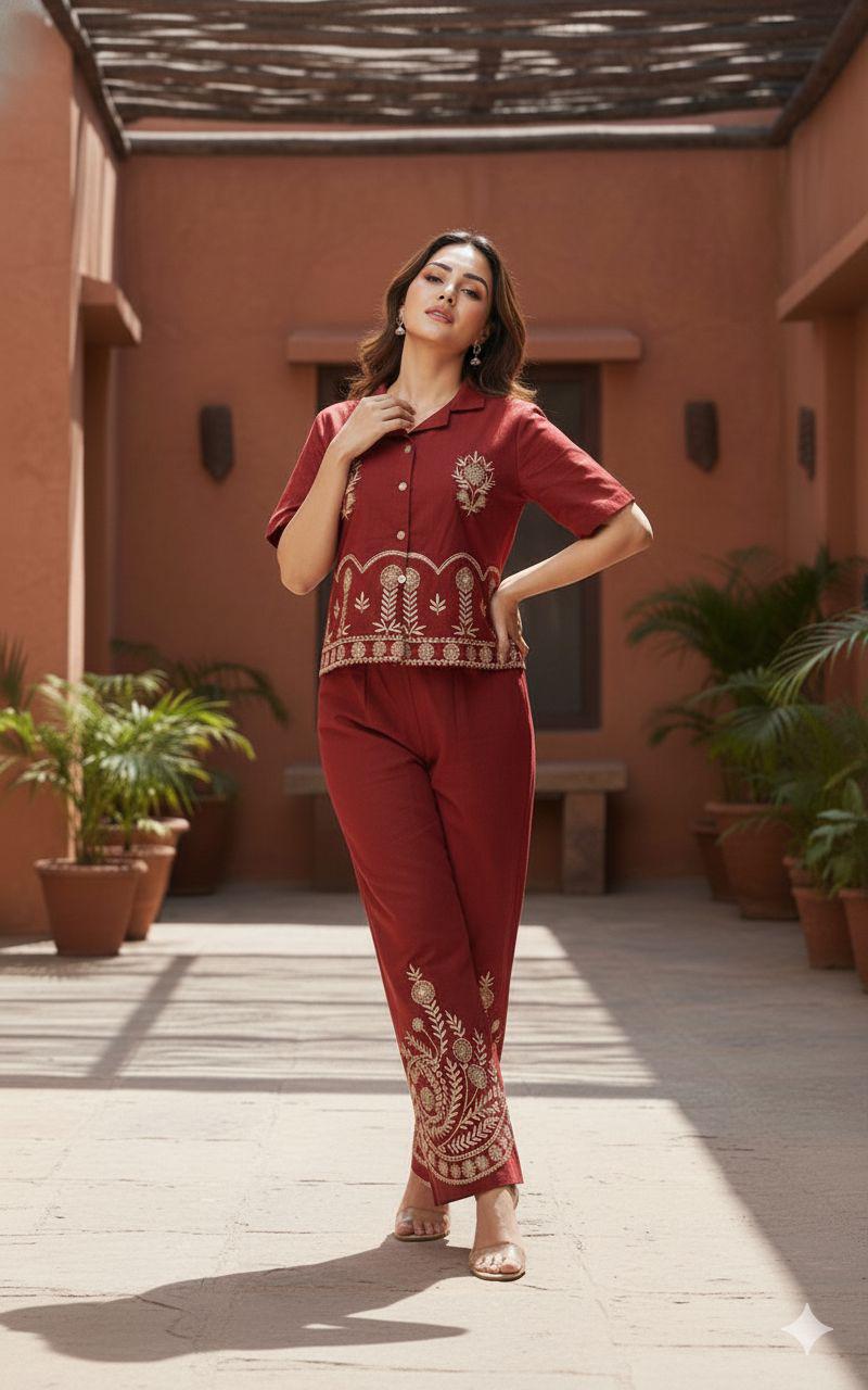Designer Cotton Co-ord Set Shirt With Elegant Thread Embroidery Paired Flared Plazoo With Embroidery & Pockets (SWSK17)