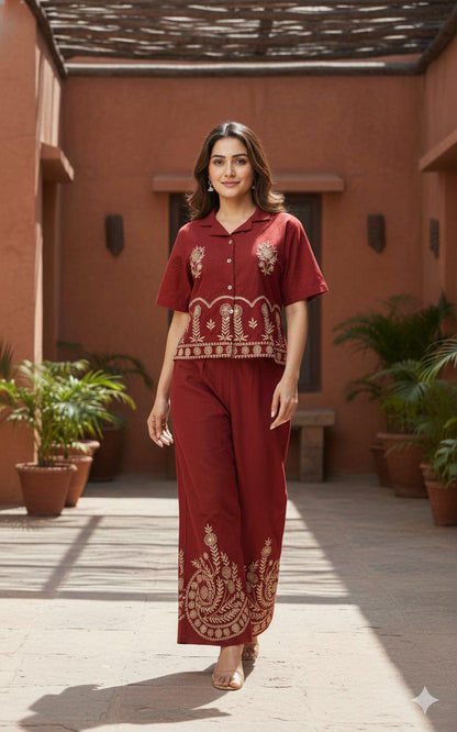 Designer Cotton Co-ord Set Shirt With Elegant Thread Embroidery Paired Flared Plazoo With Embroidery & Pockets (SWSK17)