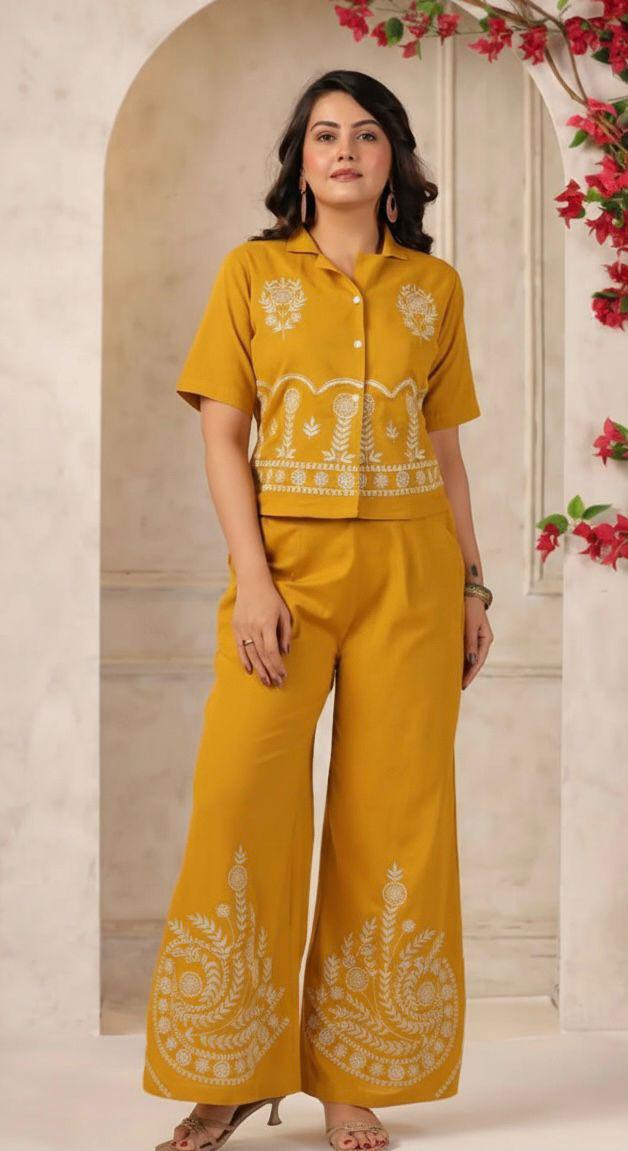 Designer Cotton Co-ord Set Shirt With Elegant Thread Embroidery Paired Flared Plazoo With Embroidery & Pockets (SWSK17)