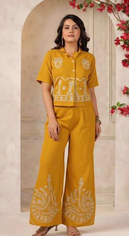 Designer Cotton Co-ord Set Shirt With Elegant Thread Embroidery Paired Flared Plazoo With Embroidery & Pockets (SWSK17)