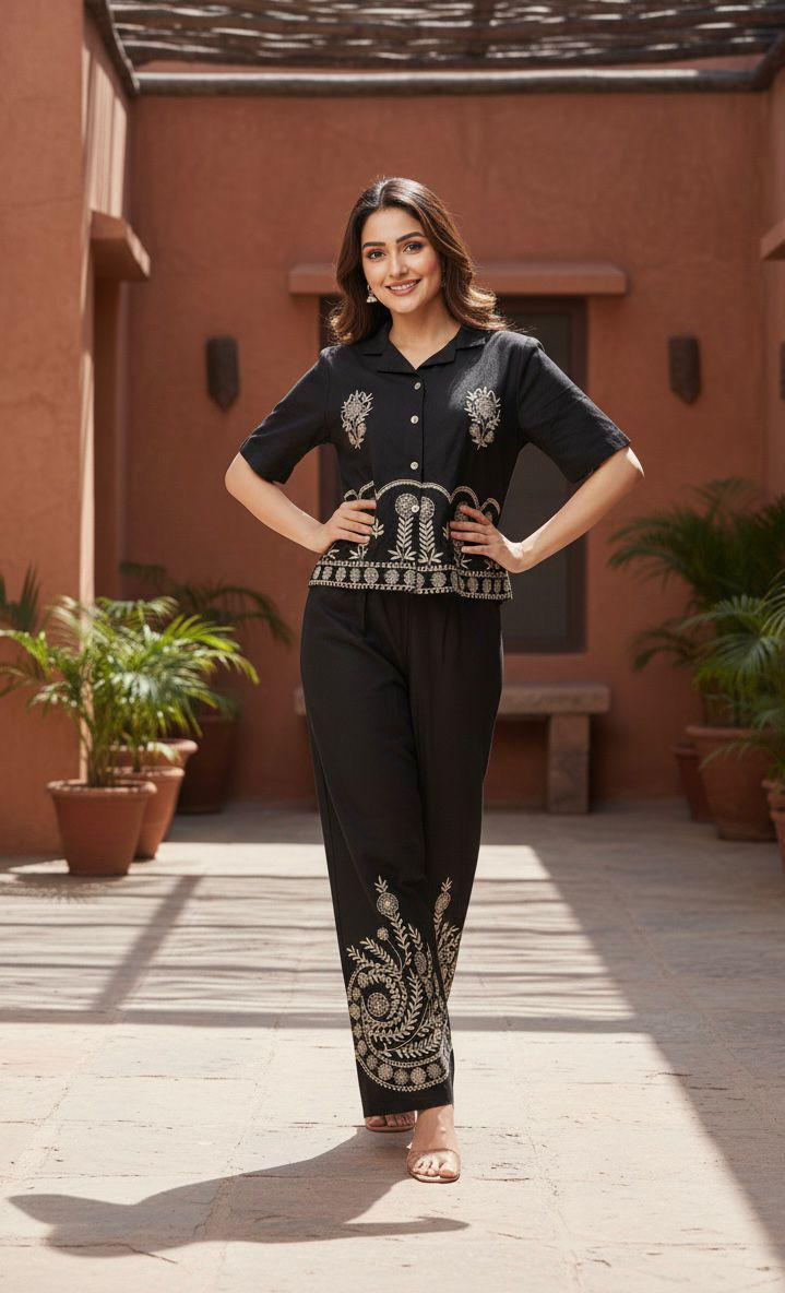 Designer Cotton Co-ord Set Shirt With Elegant Thread Embroidery Paired Flared Plazoo With Embroidery & Pockets (SWSK17)