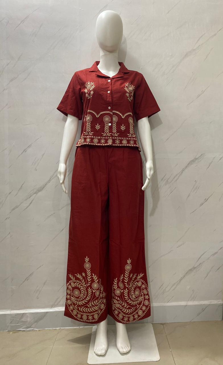 Designer Cotton Co-ord Set Shirt With Elegant Thread Embroidery Paired Flared Plazoo With Embroidery & Pockets (SWSK17)