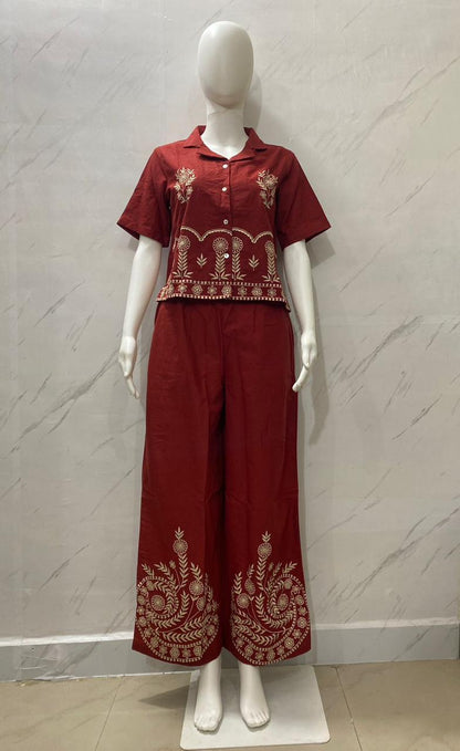 Designer Cotton Co-ord Set Shirt With Elegant Thread Embroidery Paired Flared Plazoo With Embroidery & Pockets (SWSK17)