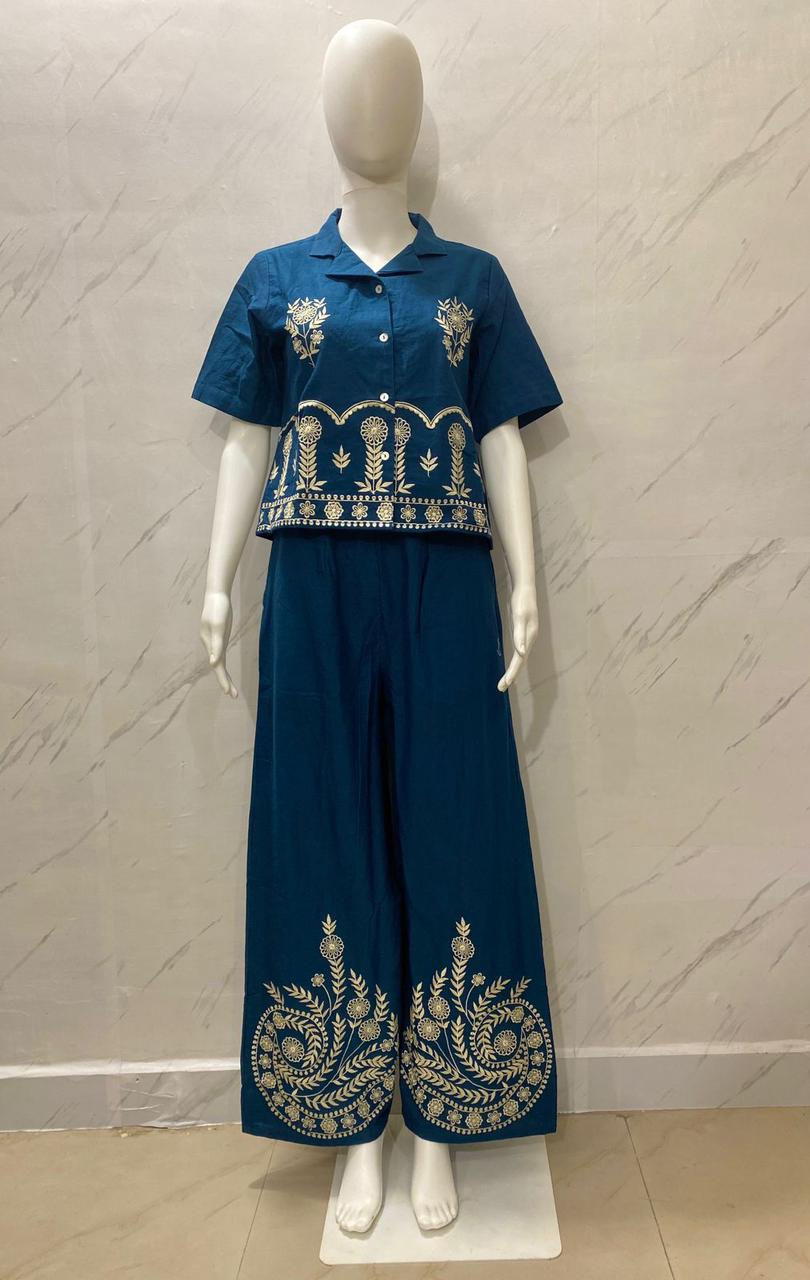 Designer Cotton Co-ord Set Shirt With Elegant Thread Embroidery Paired Flared Plazoo With Embroidery & Pockets (SWSK17)