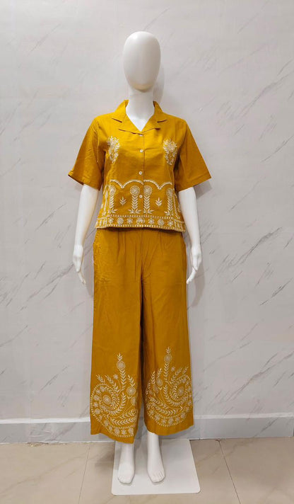 Designer Cotton Co-ord Set Shirt With Elegant Thread Embroidery Paired Flared Plazoo With Embroidery & Pockets (SWSK17)