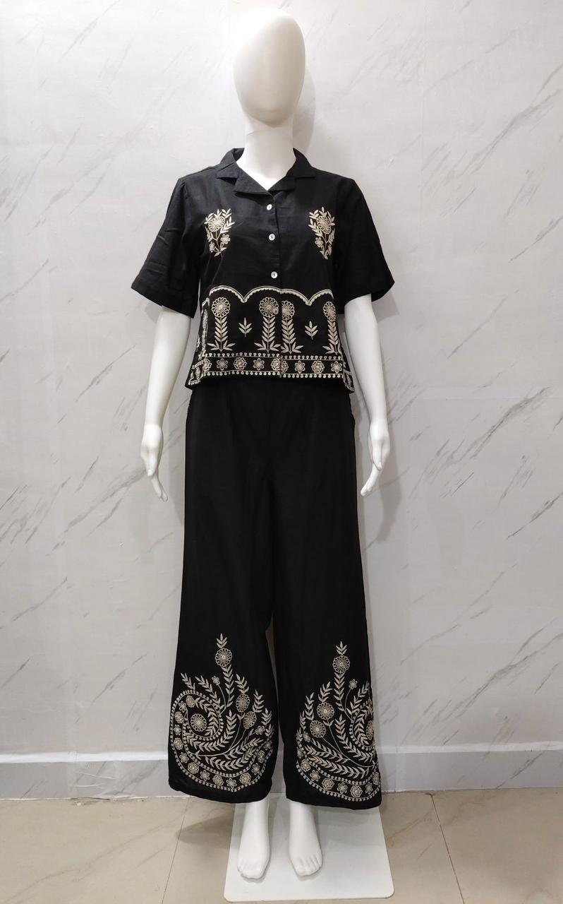 Designer Cotton Co-ord Set Shirt With Elegant Thread Embroidery Paired Flared Plazoo With Embroidery & Pockets (SWSK17)