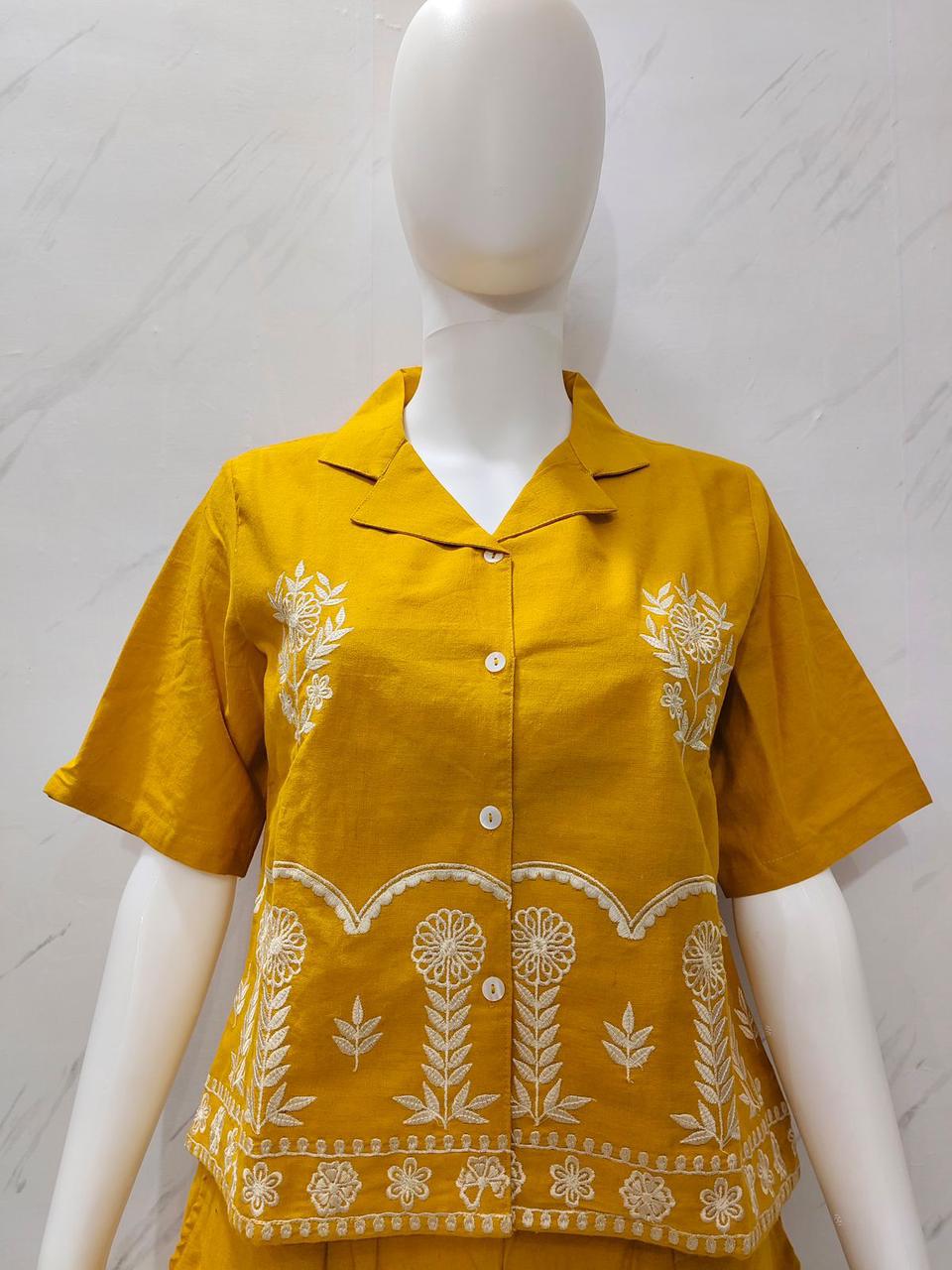 Designer Cotton Co-ord Set Shirt With Elegant Thread Embroidery Paired Flared Plazoo With Embroidery & Pockets (SWSK17)
