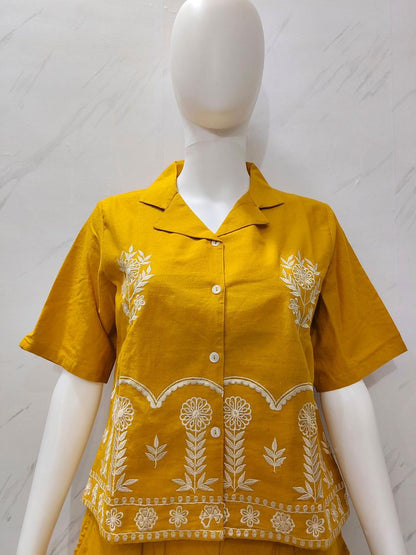 Designer Cotton Co-ord Set Shirt With Elegant Thread Embroidery Paired Flared Plazoo With Embroidery & Pockets (SWSK17)