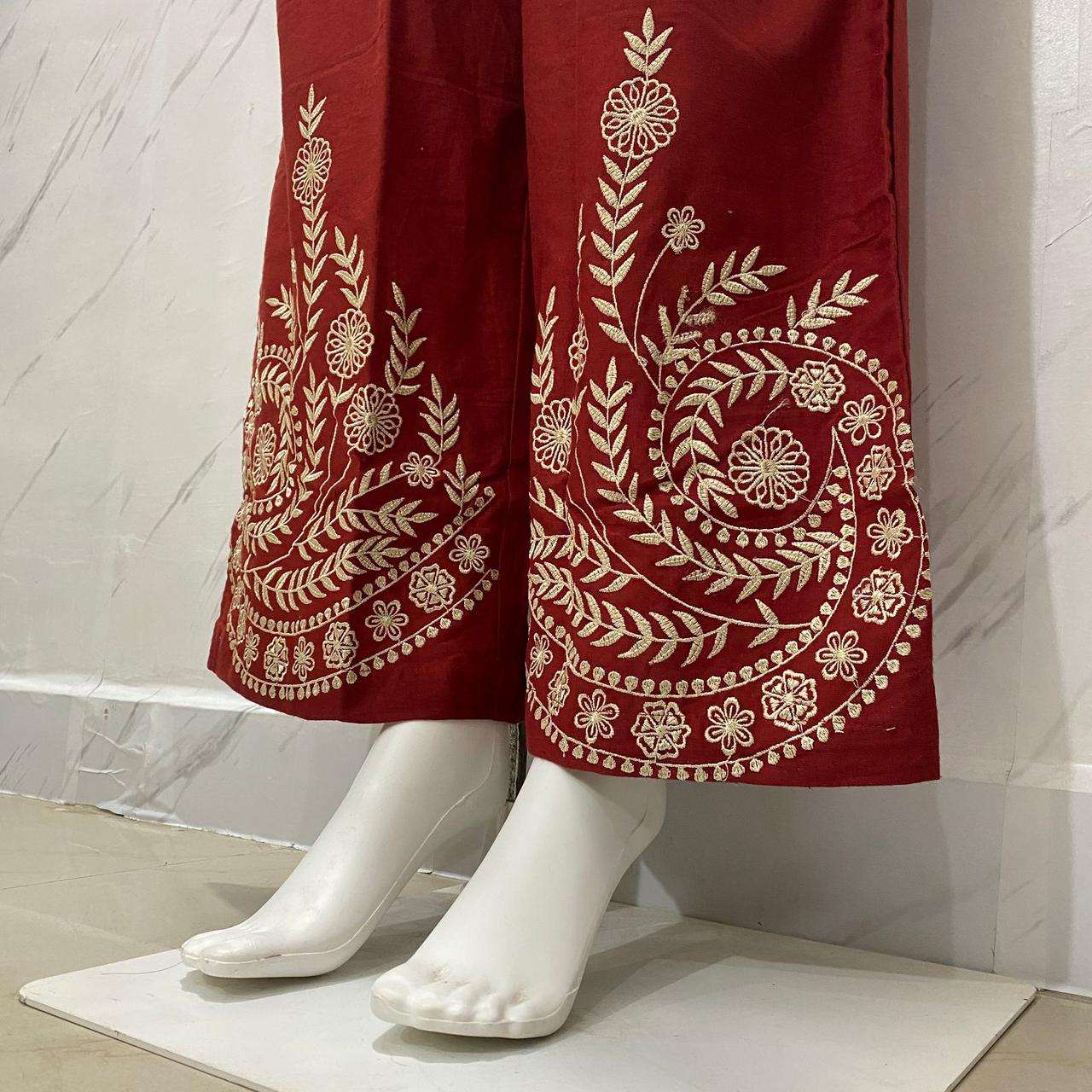 Designer Cotton Co-ord Set Shirt With Elegant Thread Embroidery Paired Flared Plazoo With Embroidery & Pockets (SWSK17)